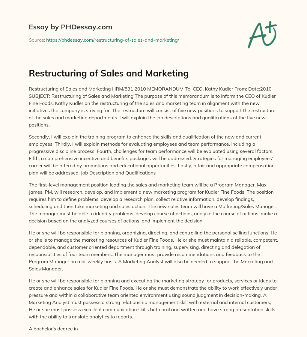 Restructuring of Sales and Marketing essay