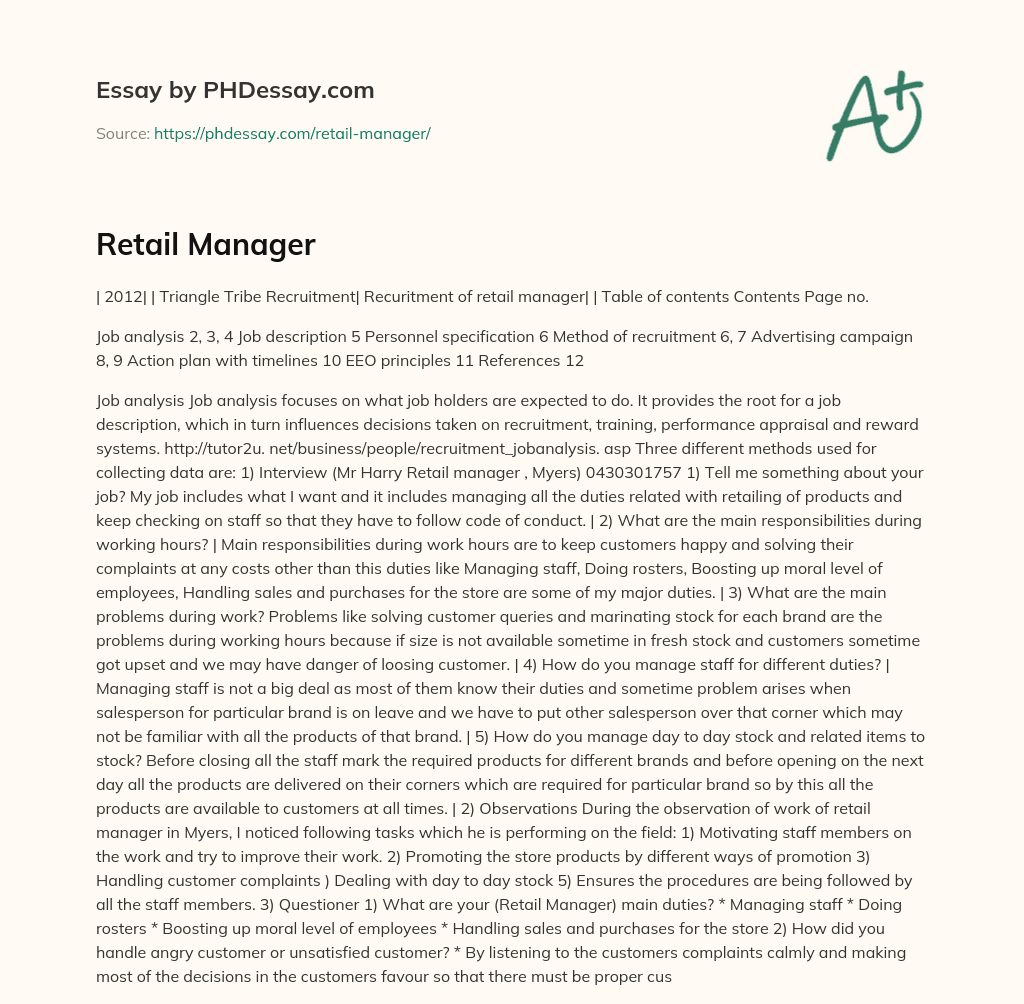 Retail Manager essay