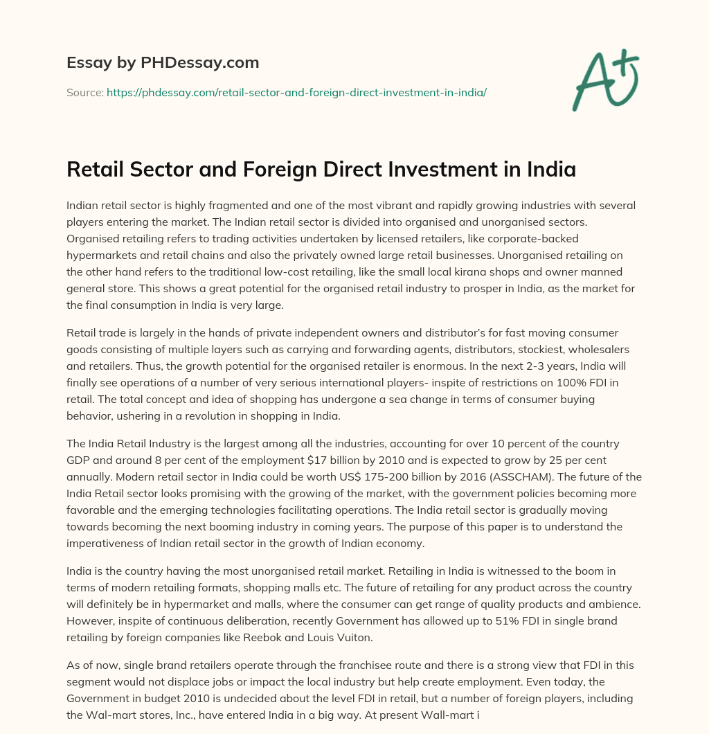 Retail Sector and Foreign Direct Investment in India essay