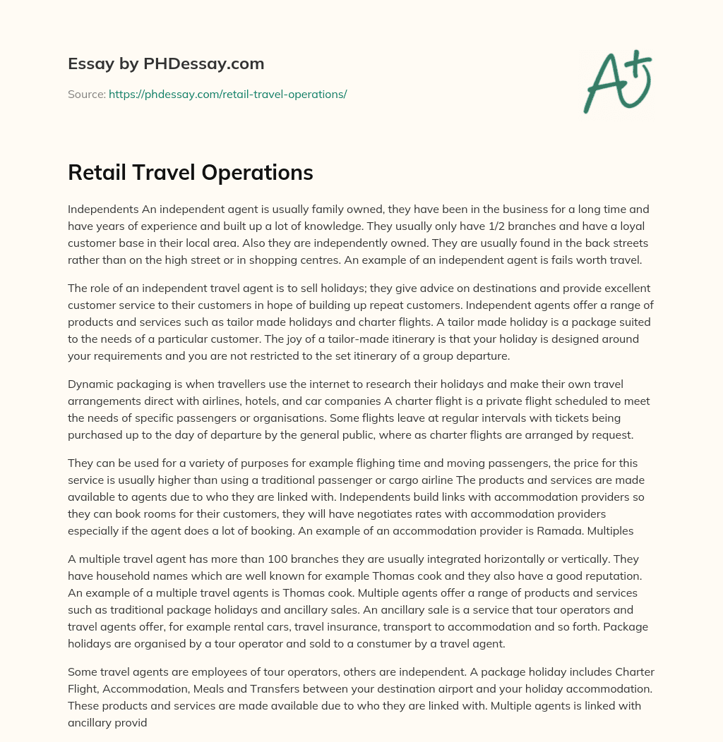 Retail Travel Operations essay