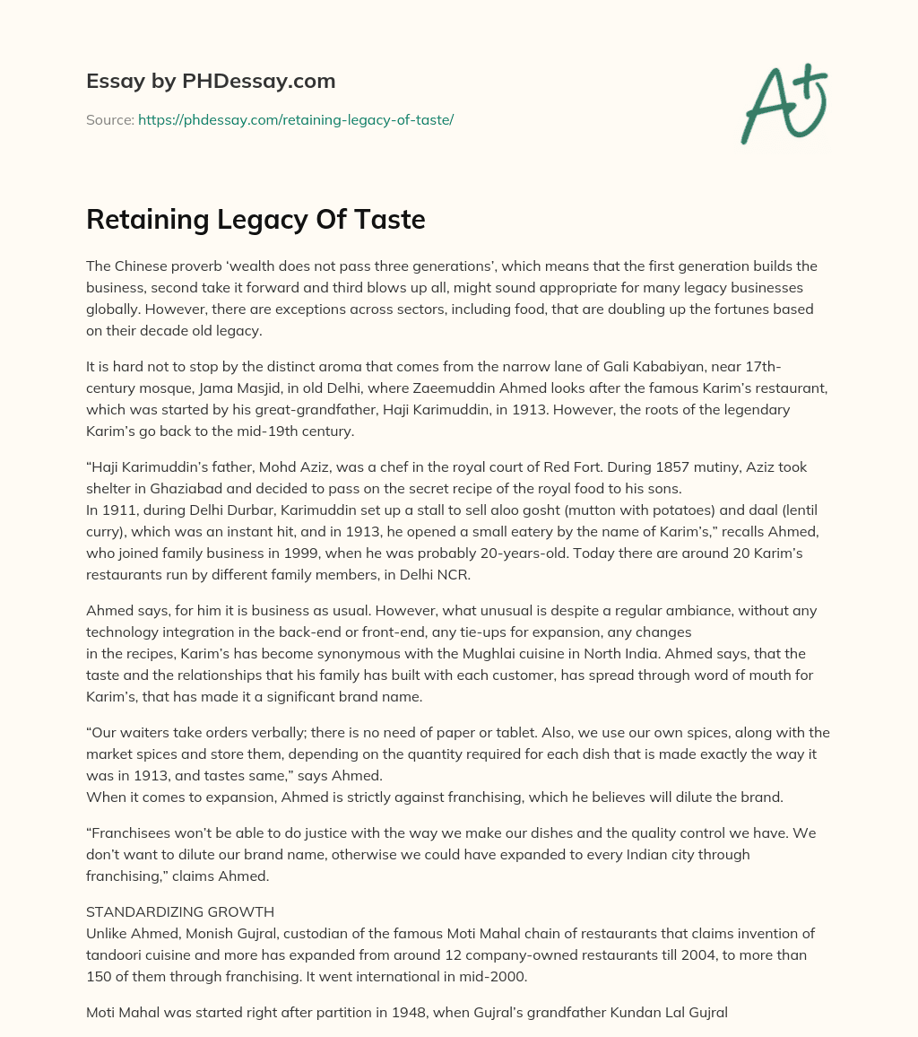 Retaining Legacy Of Taste essay