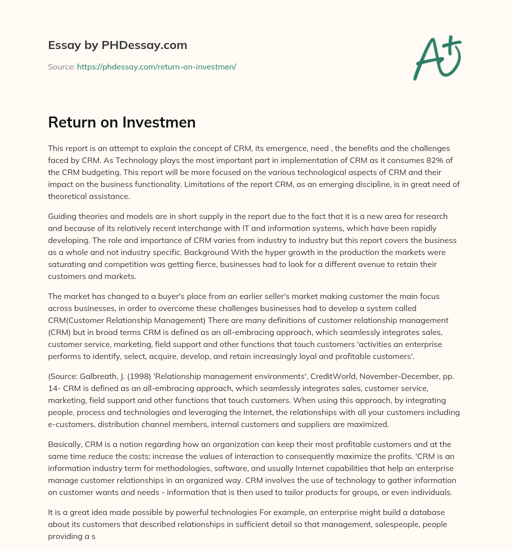 Return on Investmen essay