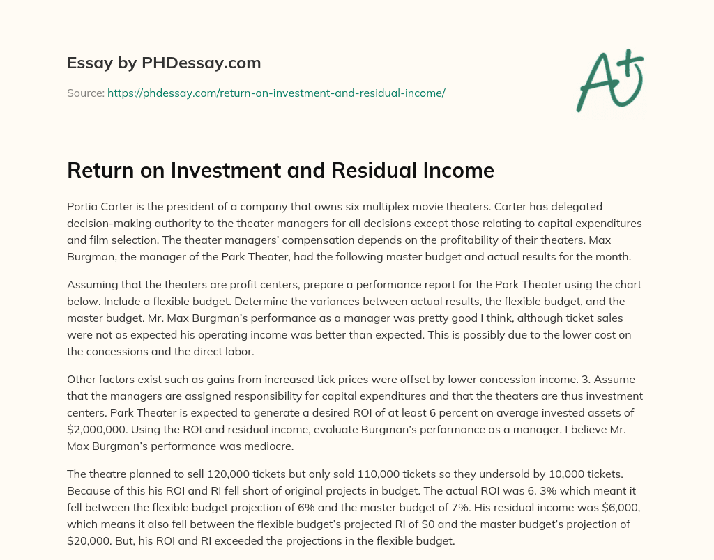 Return on Investment and Residual Income essay