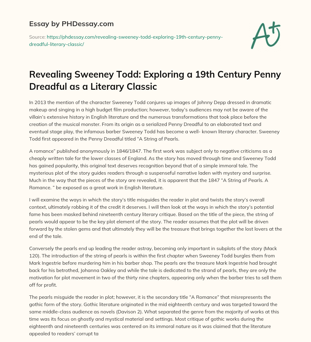 Revealing Sweeney Todd: Exploring a 19th Century Penny Dreadful as a Literary Classic essay