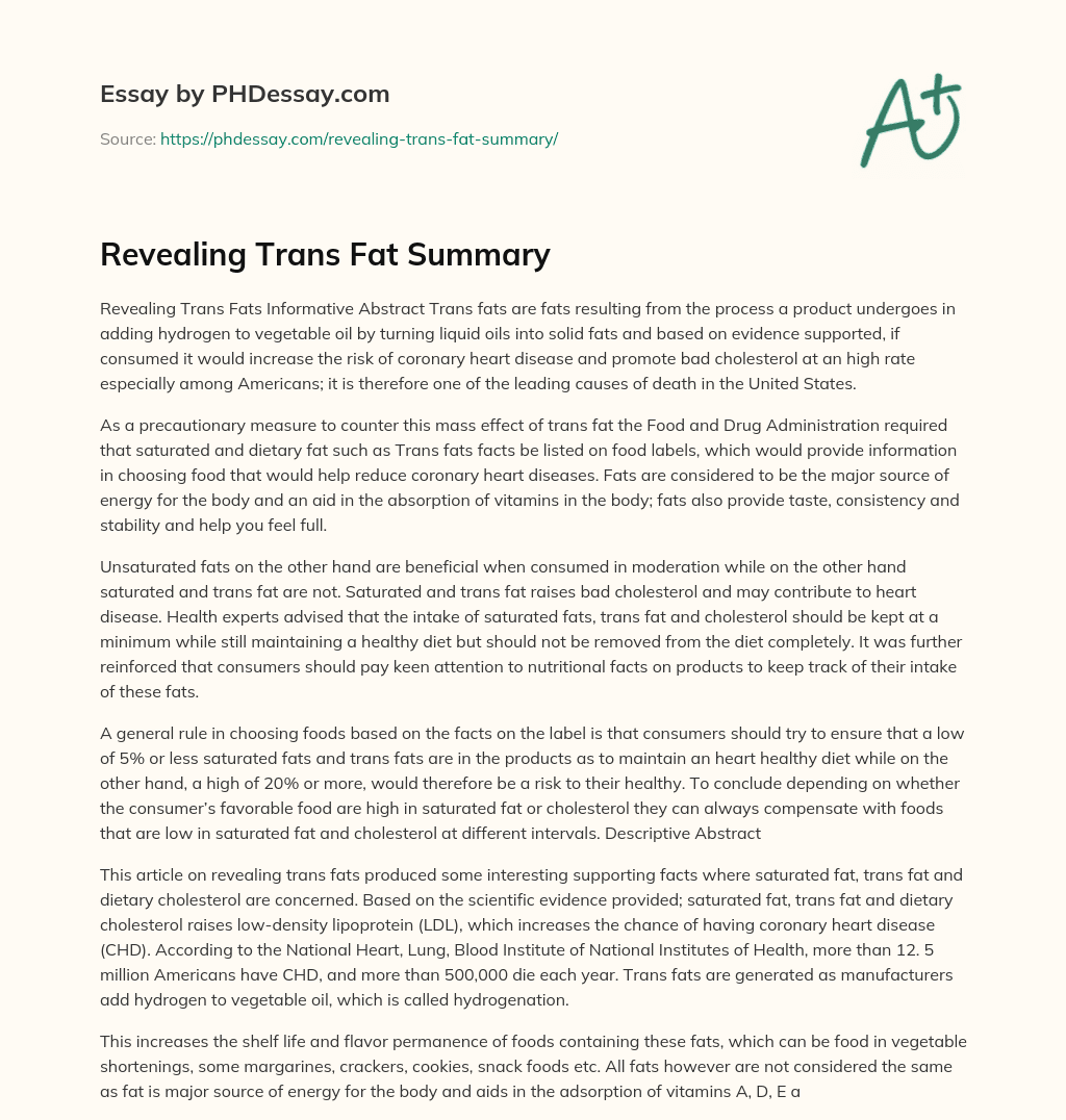 Revealing Trans Fat Summary essay