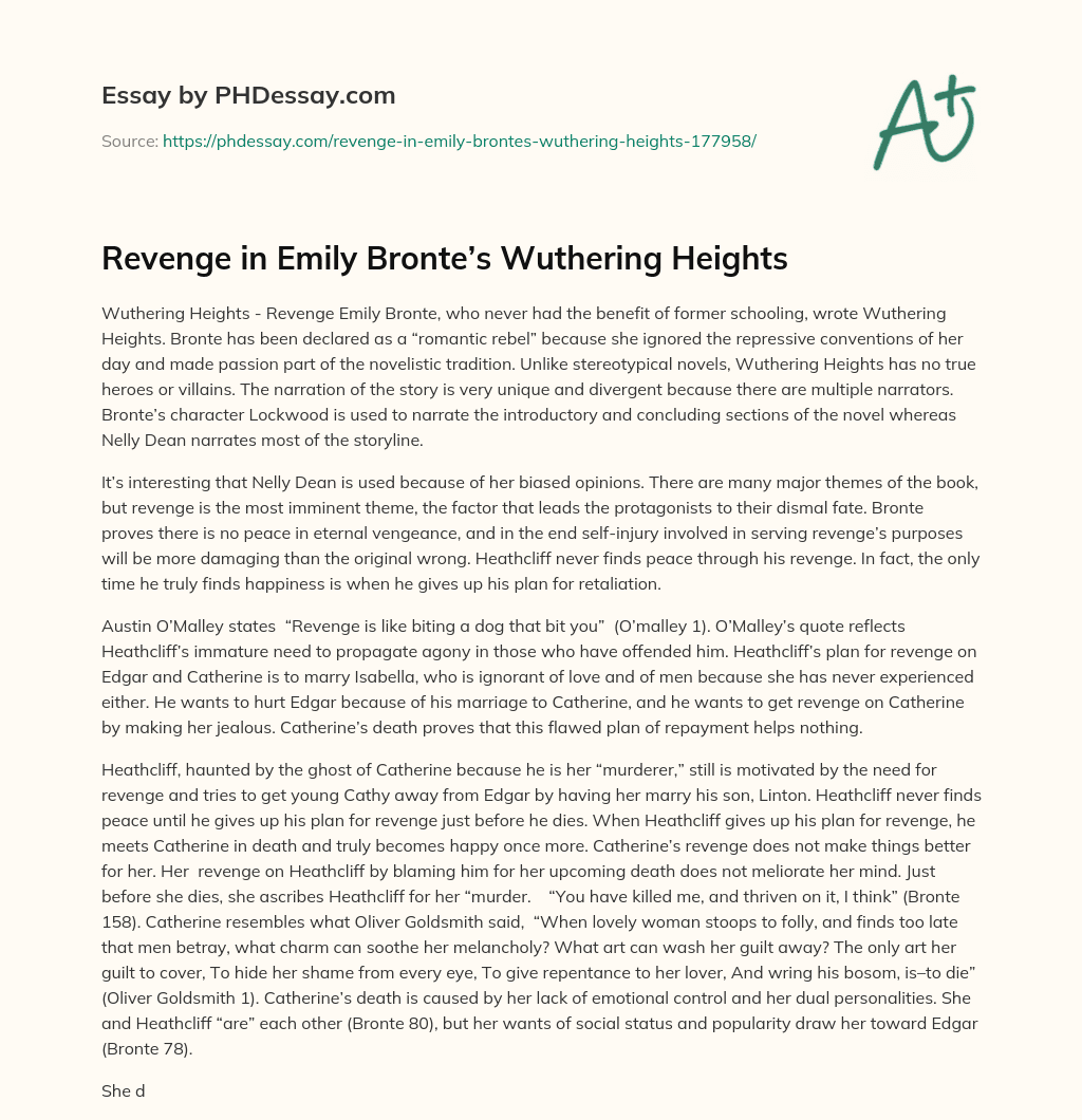 Revenge in Emily Bronte’s Wuthering Heights essay