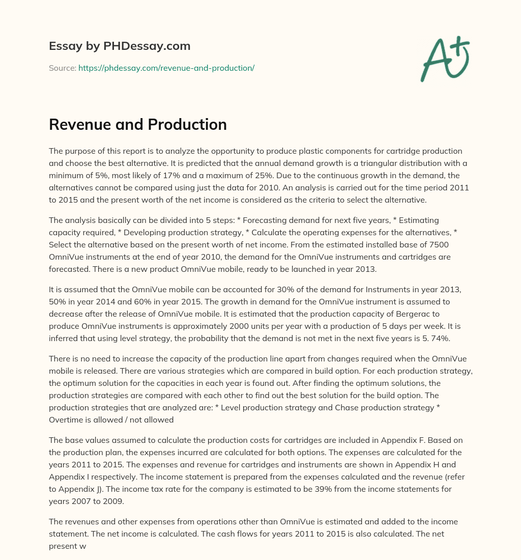 Revenue and Production: Analysis and Choice of Alternative essay