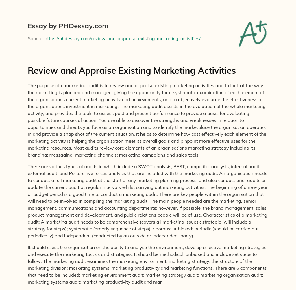 Review and Appraise Existing Marketing Activities essay