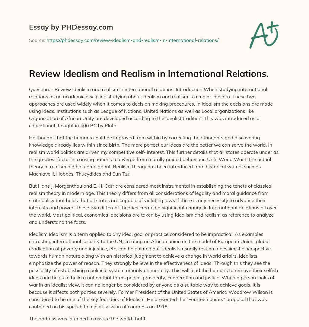 Review Idealism and Realism in International Relations. essay