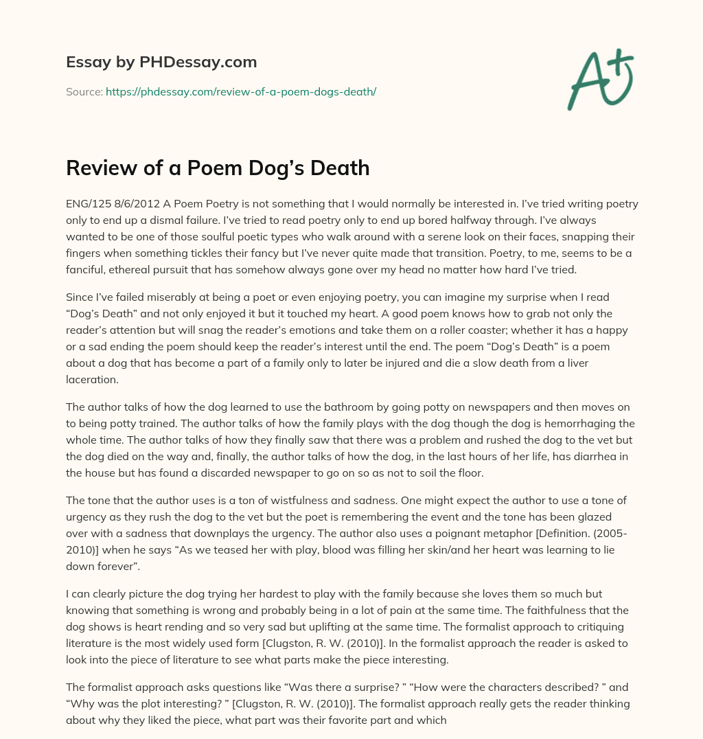 Review of a Poem Dog’s Death essay