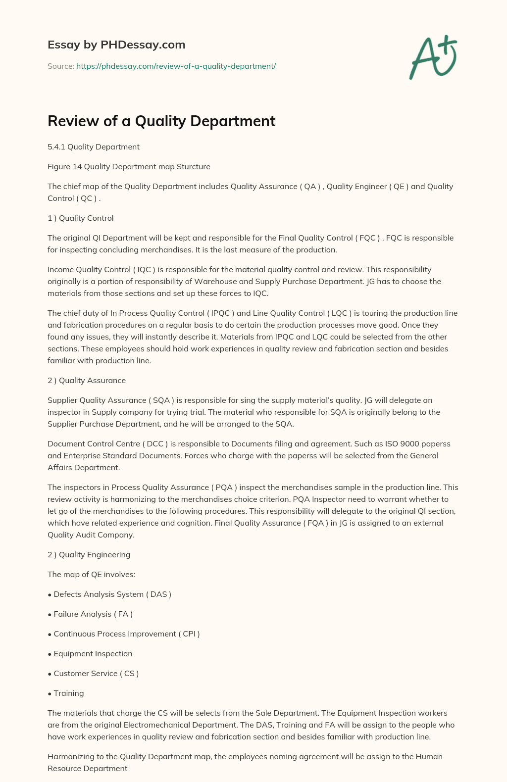 Review of a Quality Department essay