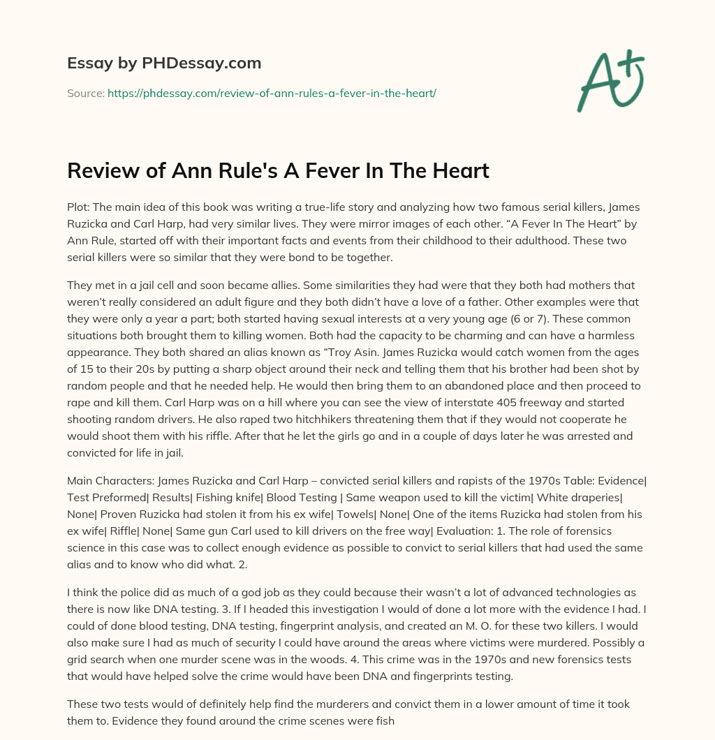 Review of Ann Rule’s A Fever In The Heart essay