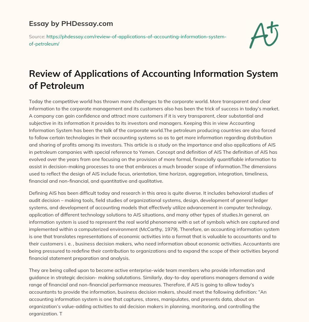 Review of Applications of Accounting Information System of Petroleum essay