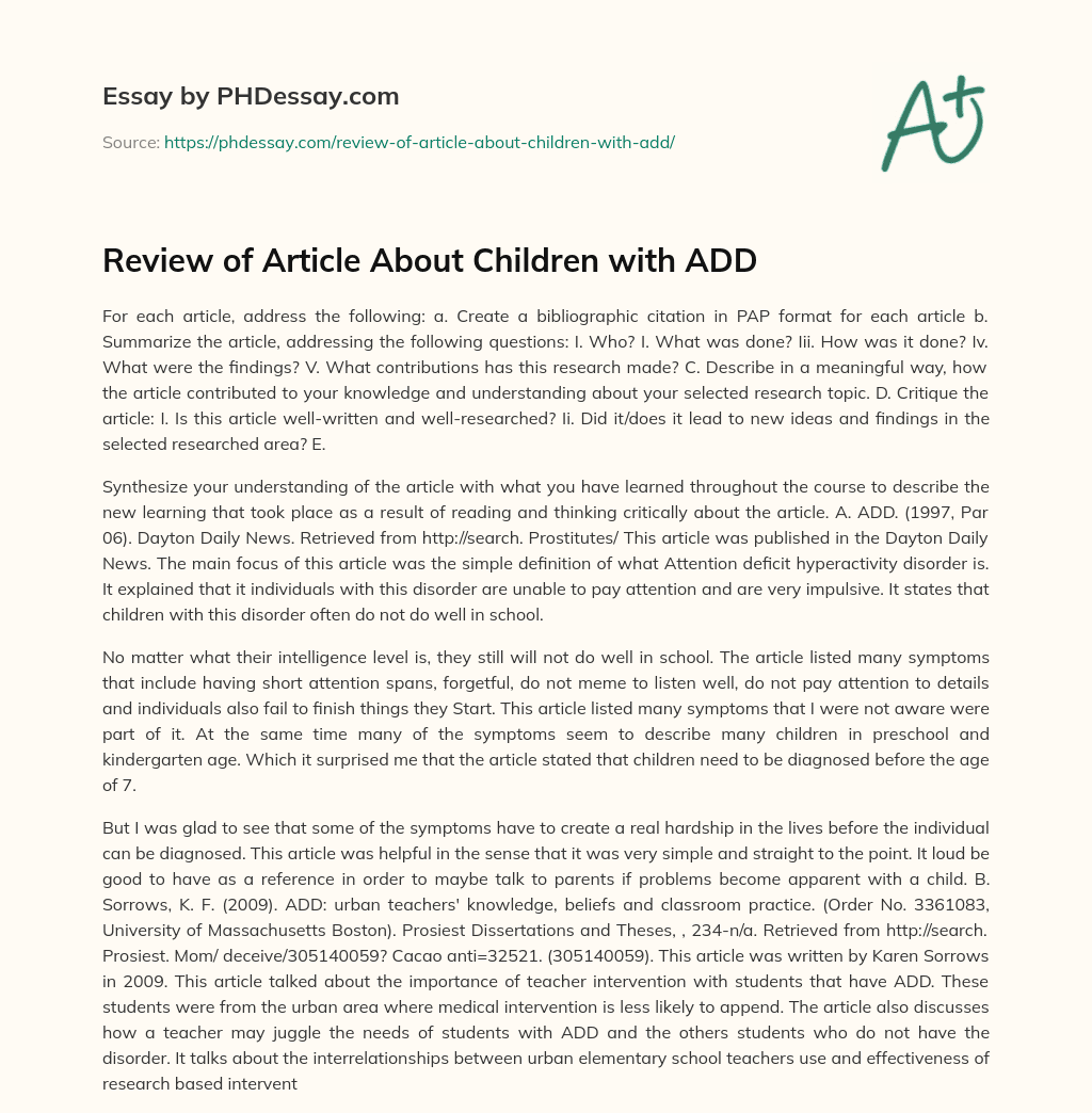Review of Article About Children with ADD essay