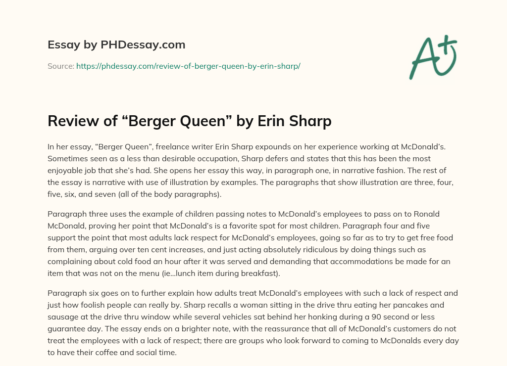Review of “Berger Queen” by  Erin Sharp essay