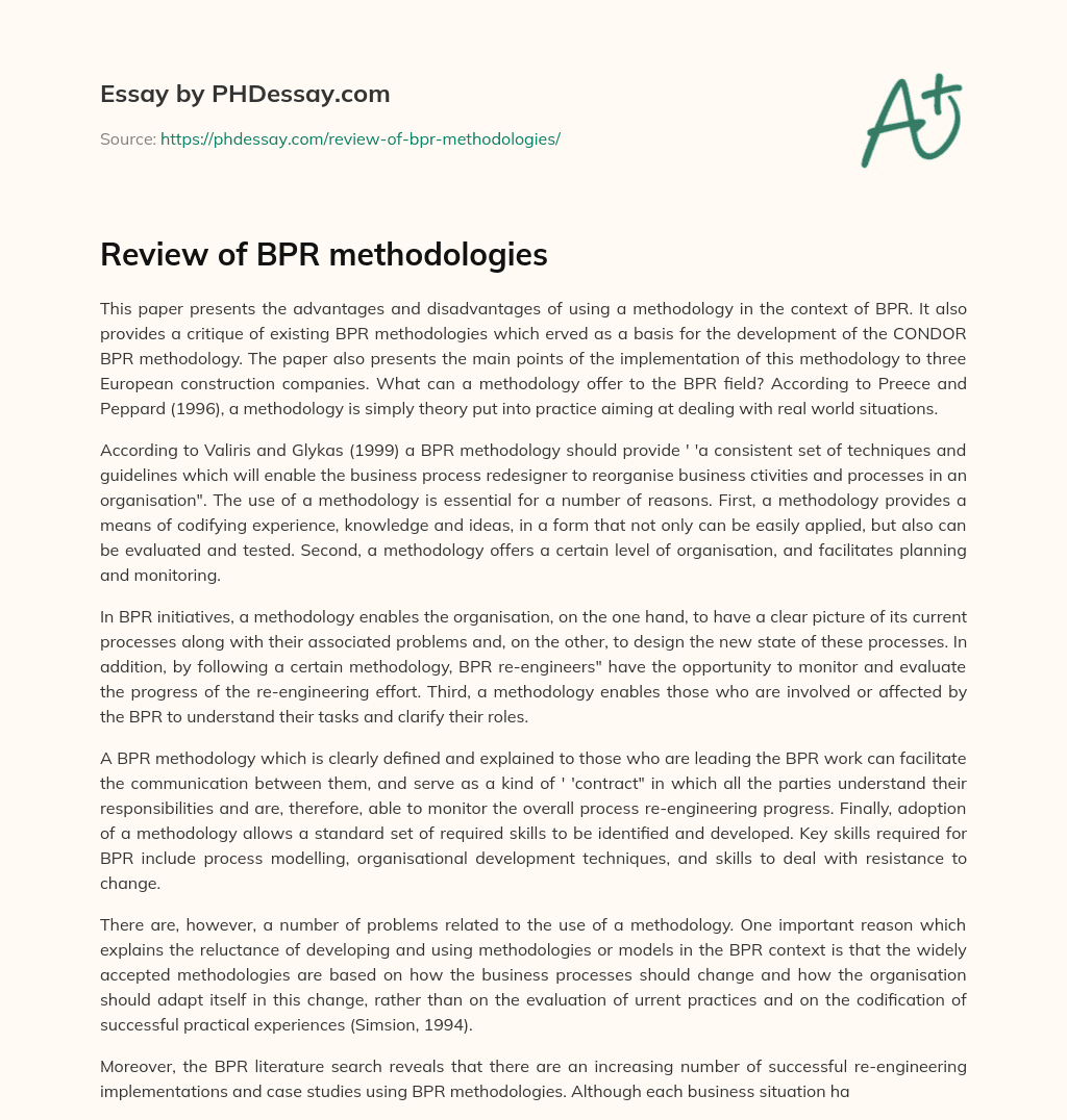 Review of BPR methodologies essay