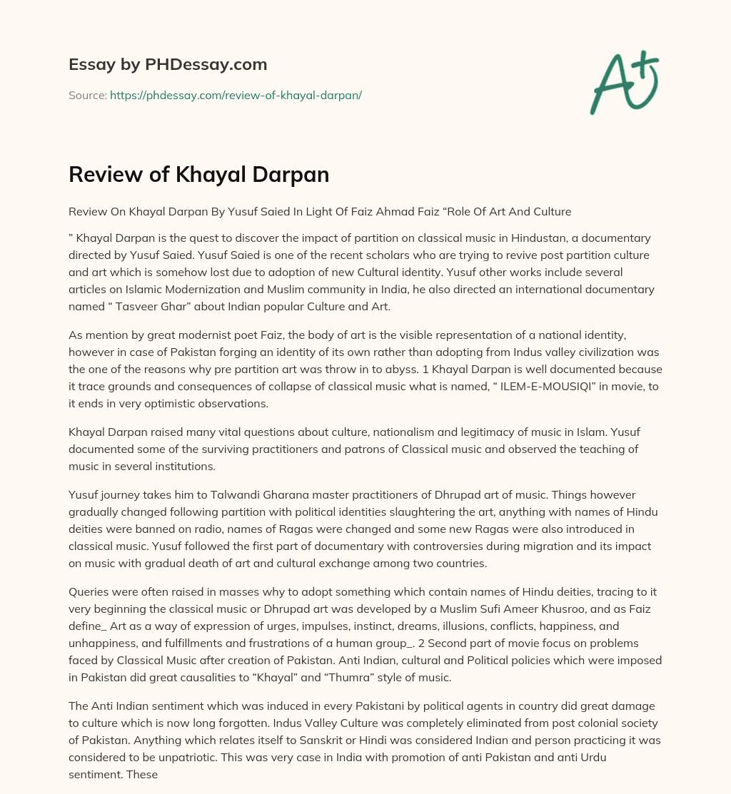 Review of Khayal Darpan essay