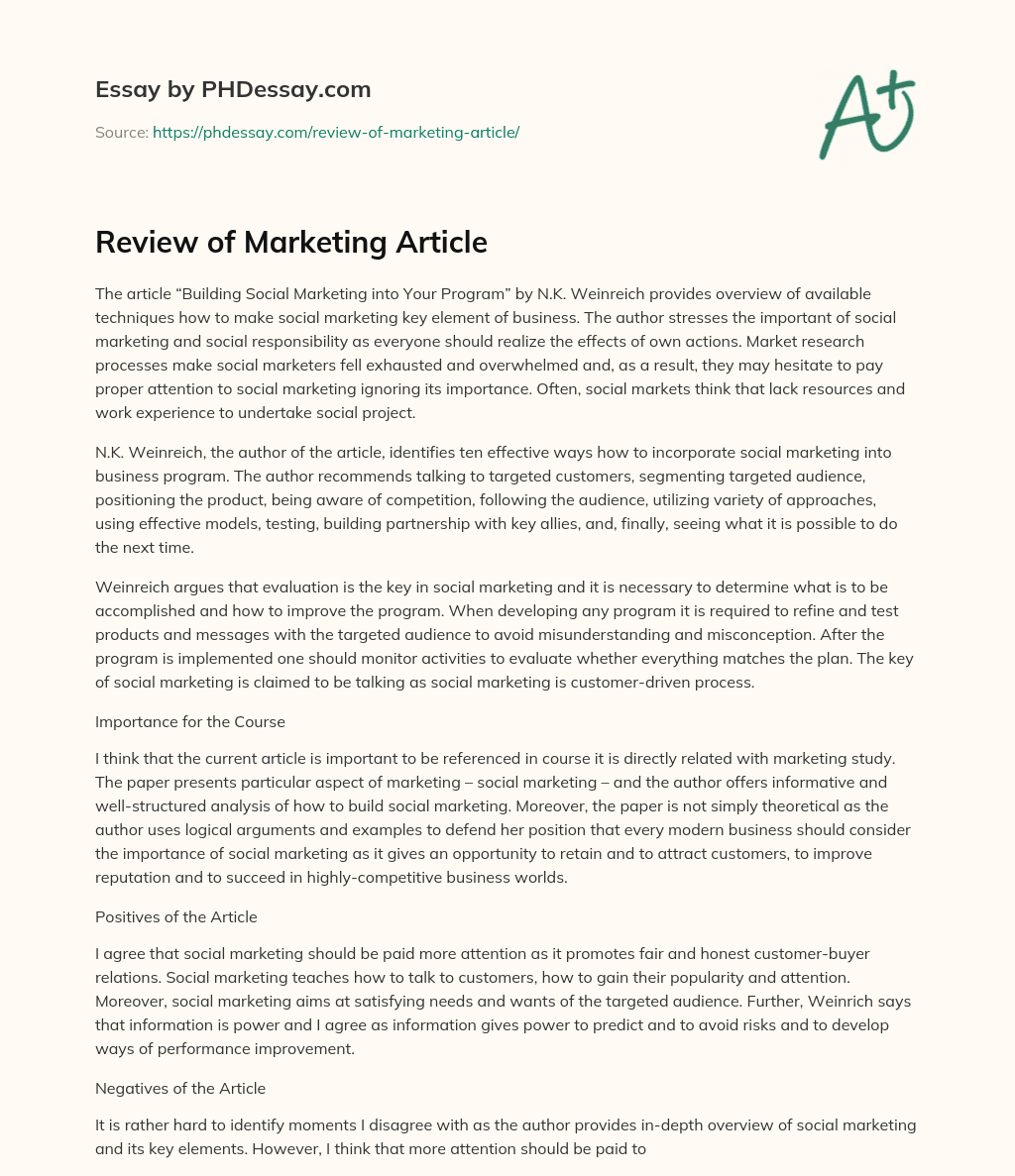 Review of Marketing Article essay