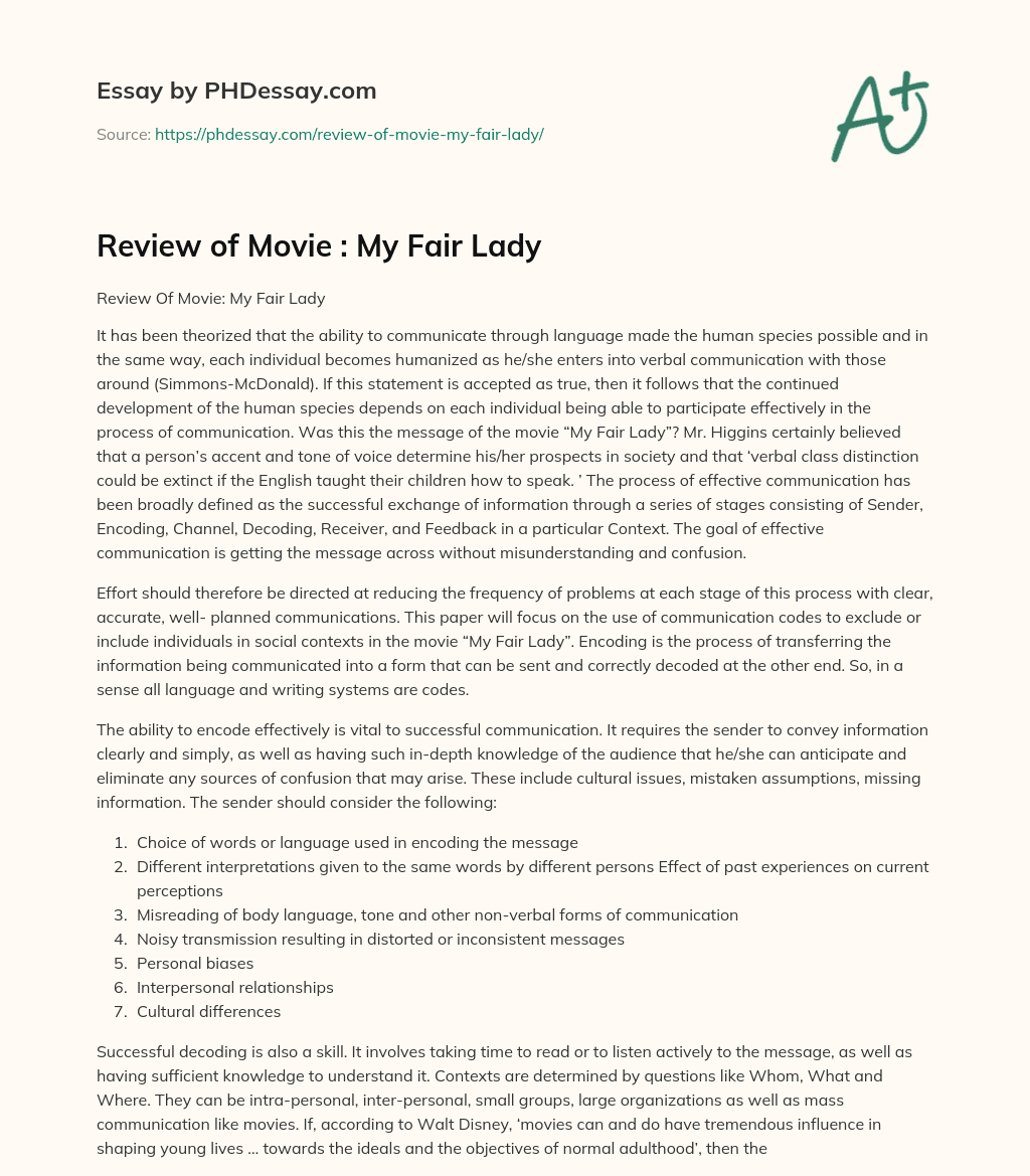 Review of Movie : My Fair Lady essay
