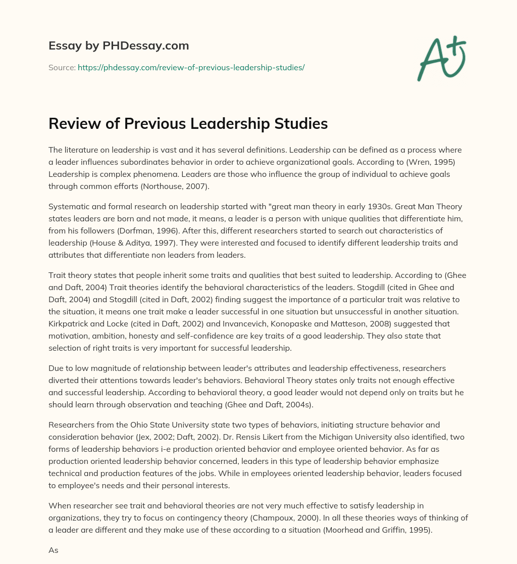 Review of Previous Leadership Studies essay