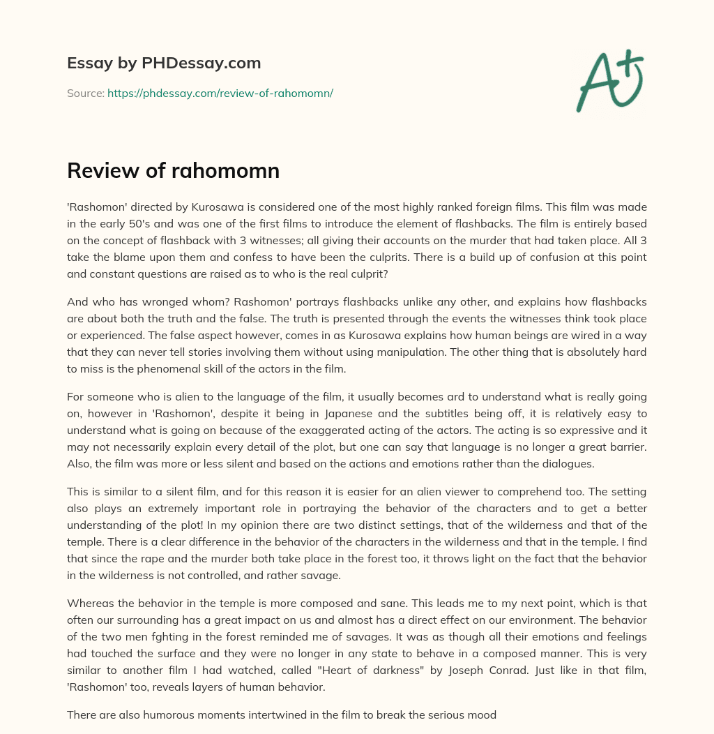 Review of rahomomn essay