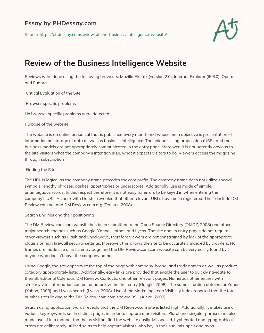 Review of the Business Intelligence Website essay