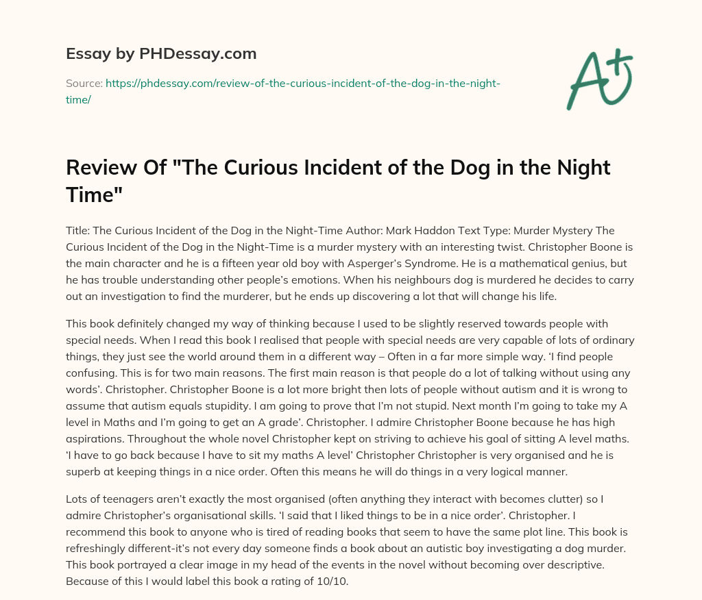 Review Of “The Curious Incident of the Dog in the Night Time” essay