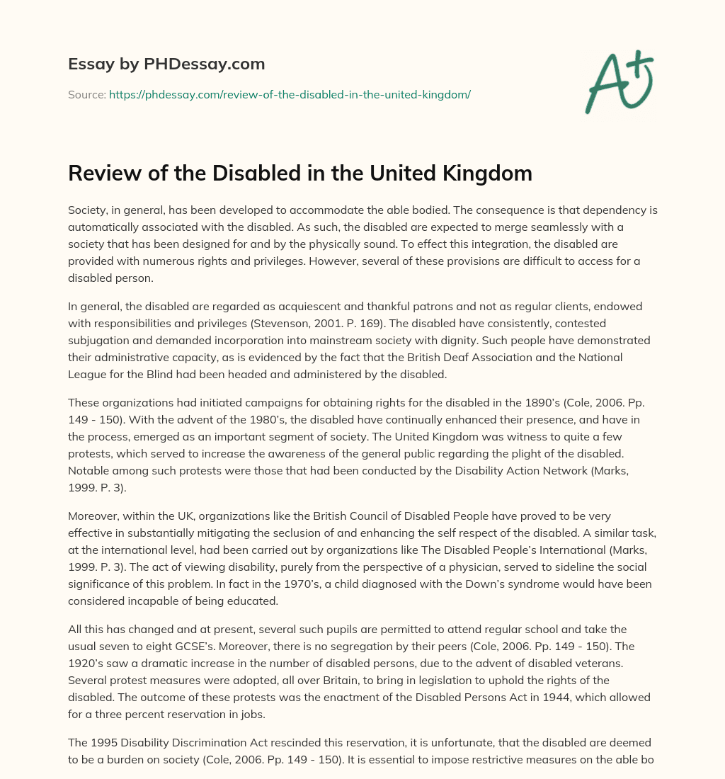Review of the Disabled in the United Kingdom essay