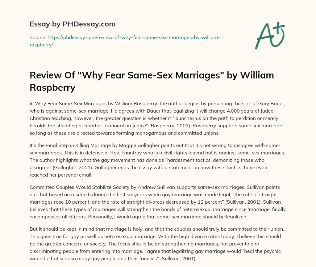 Review Of “Why Fear Same-Sex Marriages” by William Raspberry essay