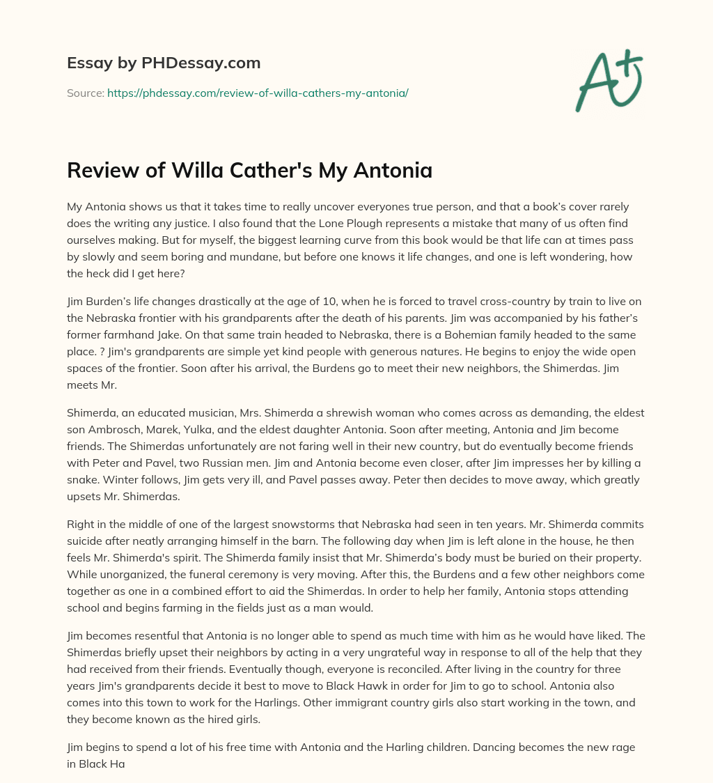 Review of Willa Cather’s My Antonia essay