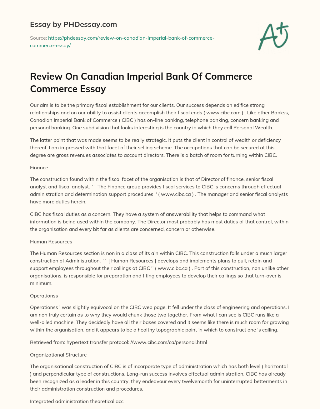 Review On Canadian Imperial Bank Of Commerce Commerce Essay essay