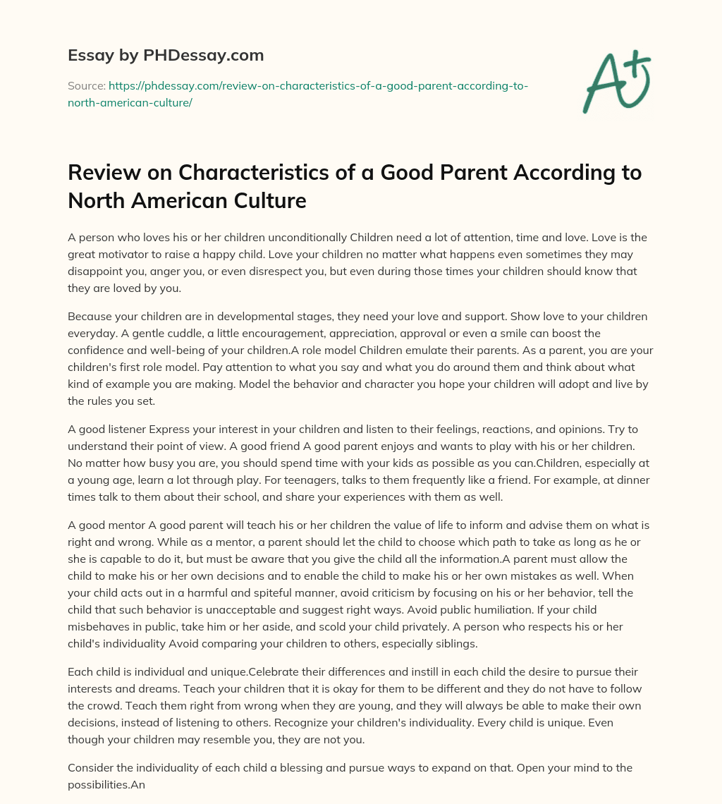 Review on Characteristics of a Good Parent According to North American Culture essay