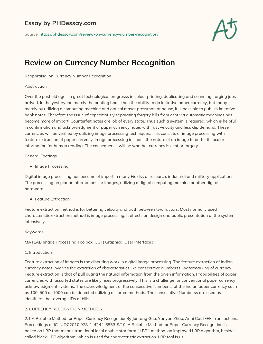 Review on Currency Number Recognition essay