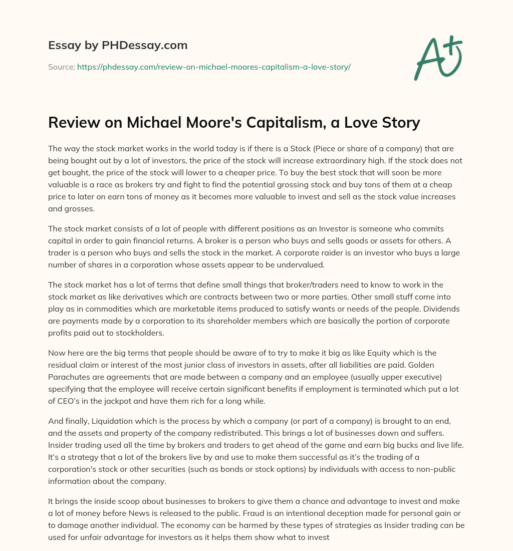 Review on Michael Moore’s Capitalism, a Love Story essay