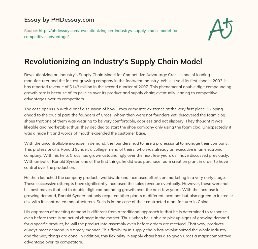 Revolutionizing an Industry’s Supply Chain Model essay