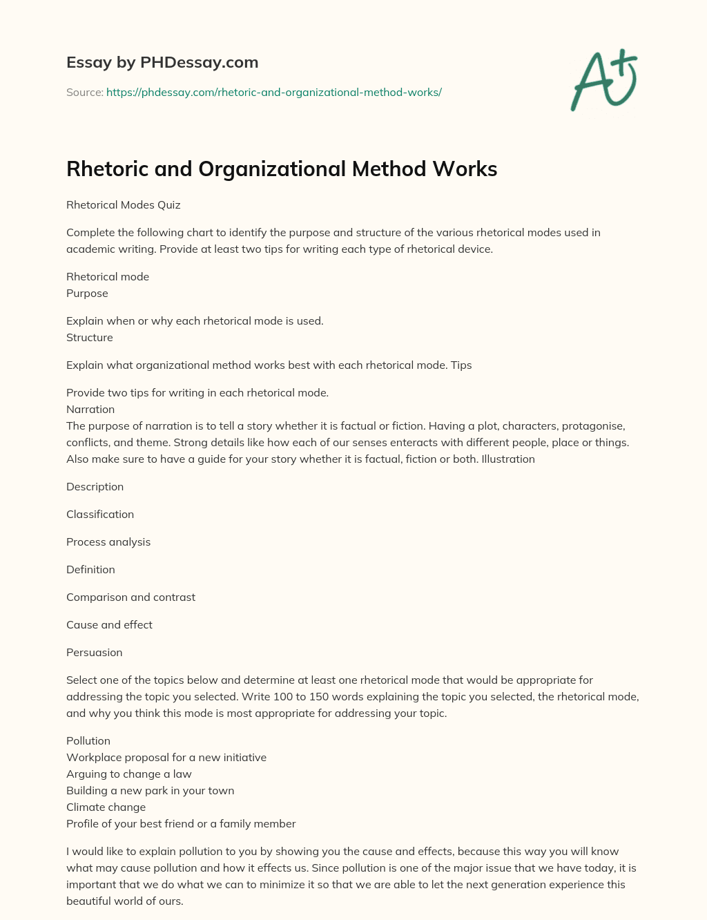 Rhetoric and Organizational Method Works essay