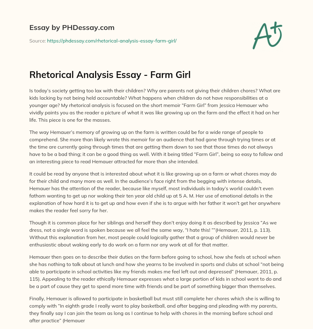 Rhetorical Analysis Essay Farm Girl