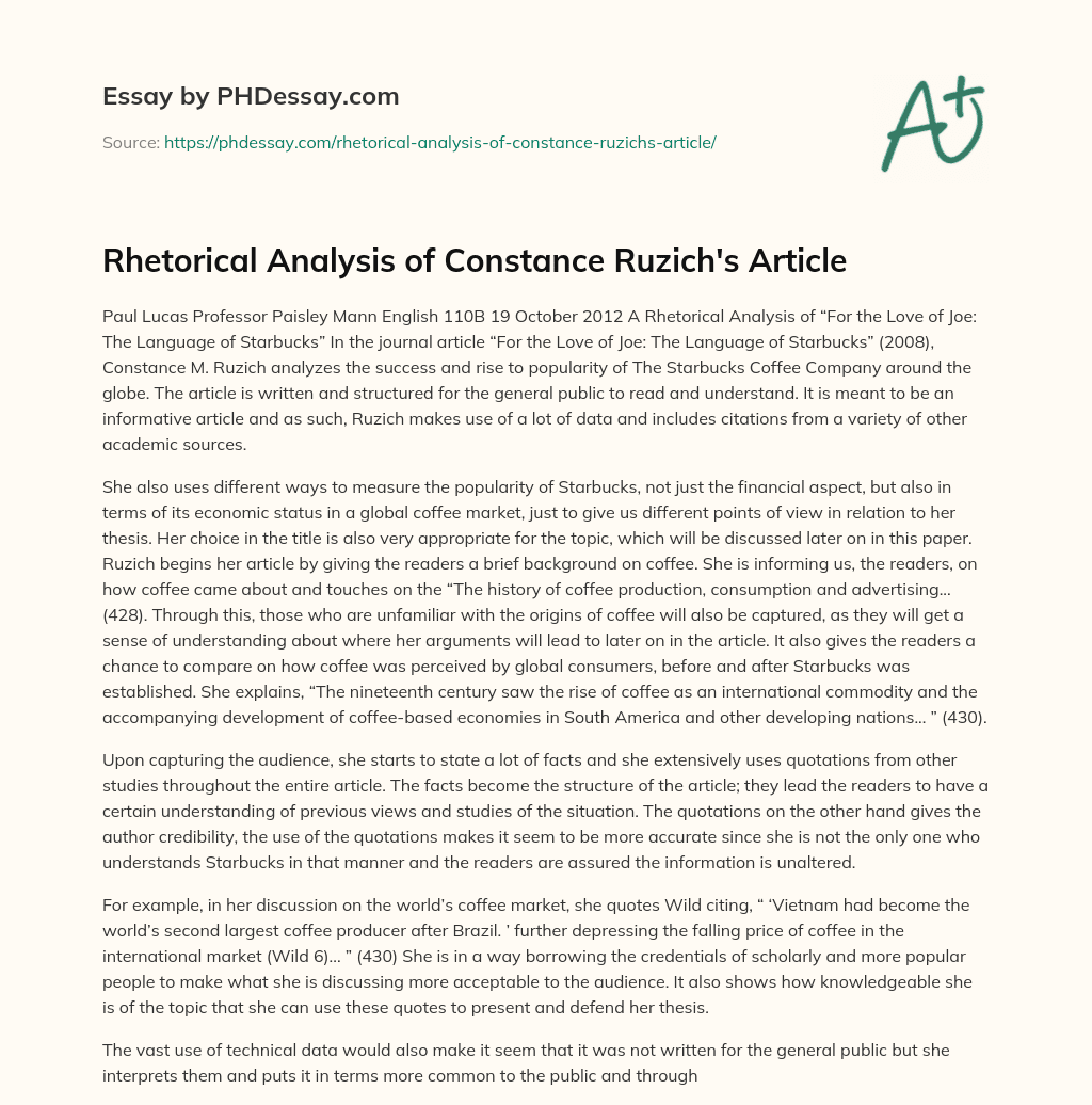 Rhetorical Analysis of Constance Ruzich’s Article essay