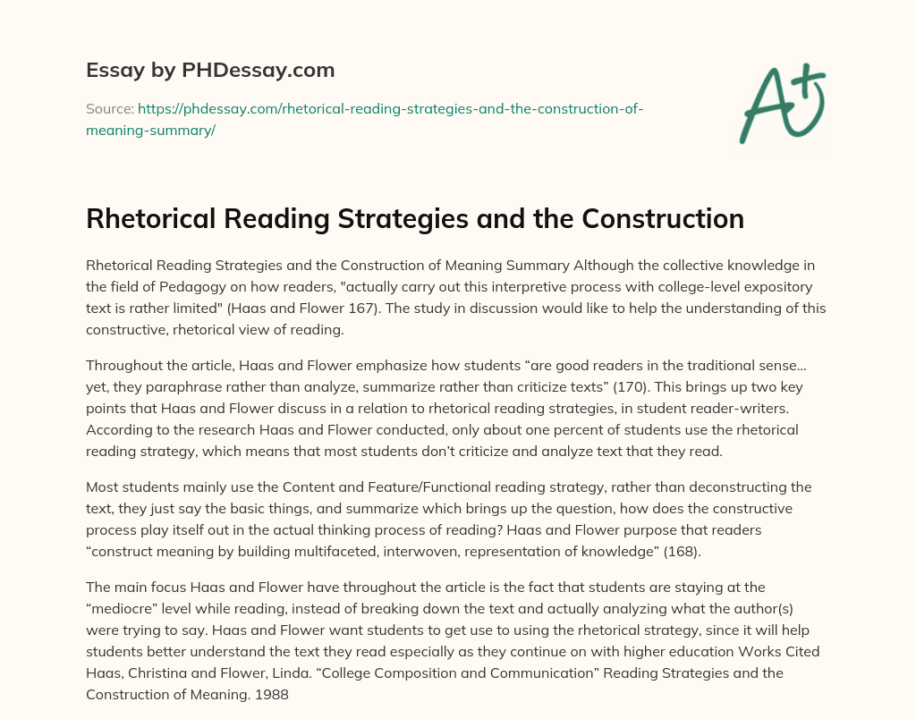 Rhetorical Reading Strategies and the Construction essay