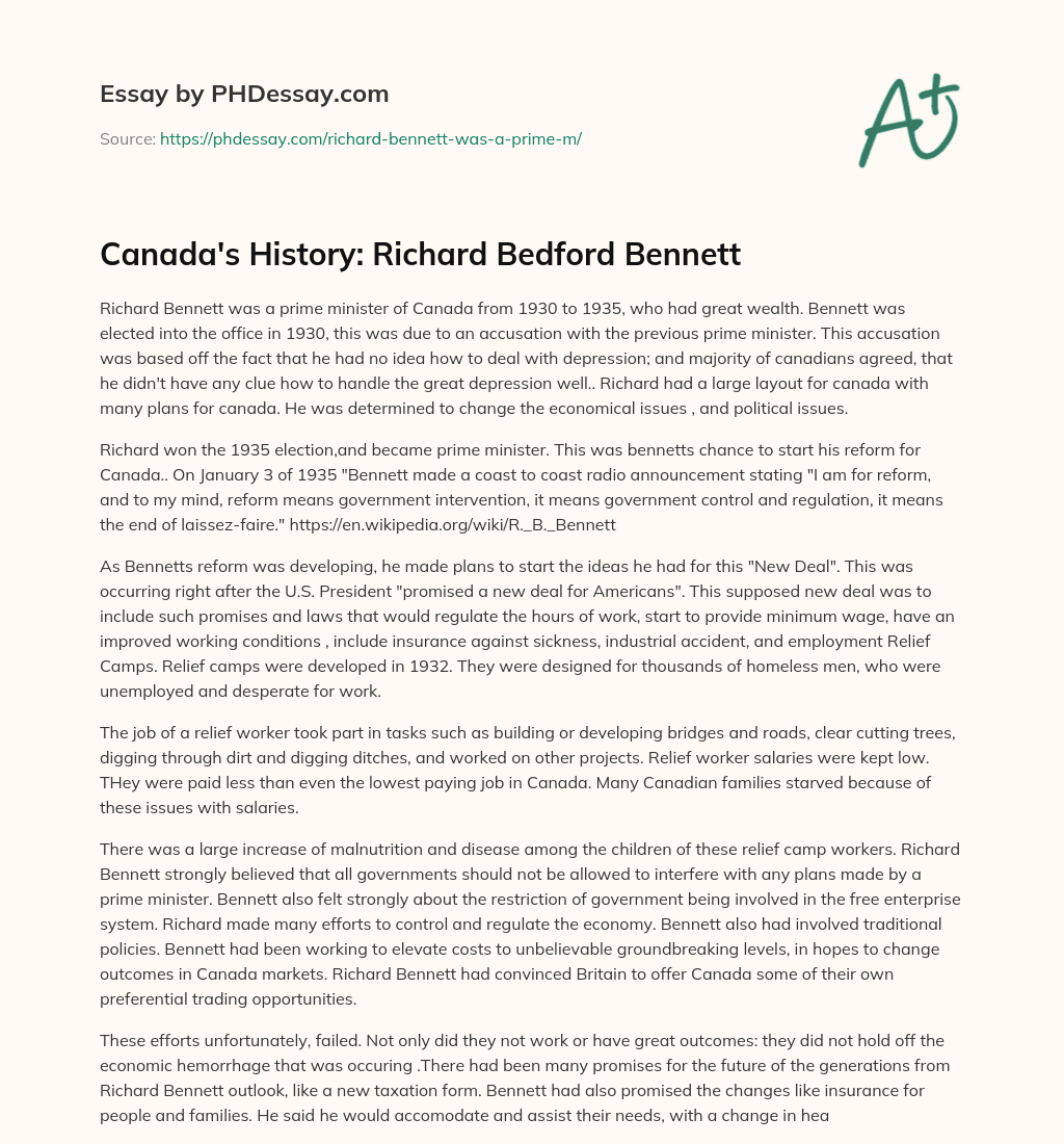 Canada’s History: Richard Bedford Bennett essay