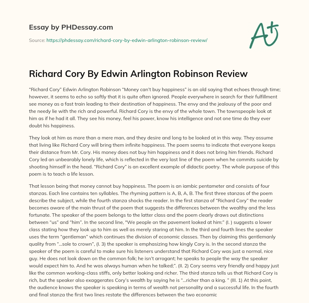 Richard Cory By Edwin Arlington Robinson Review essay