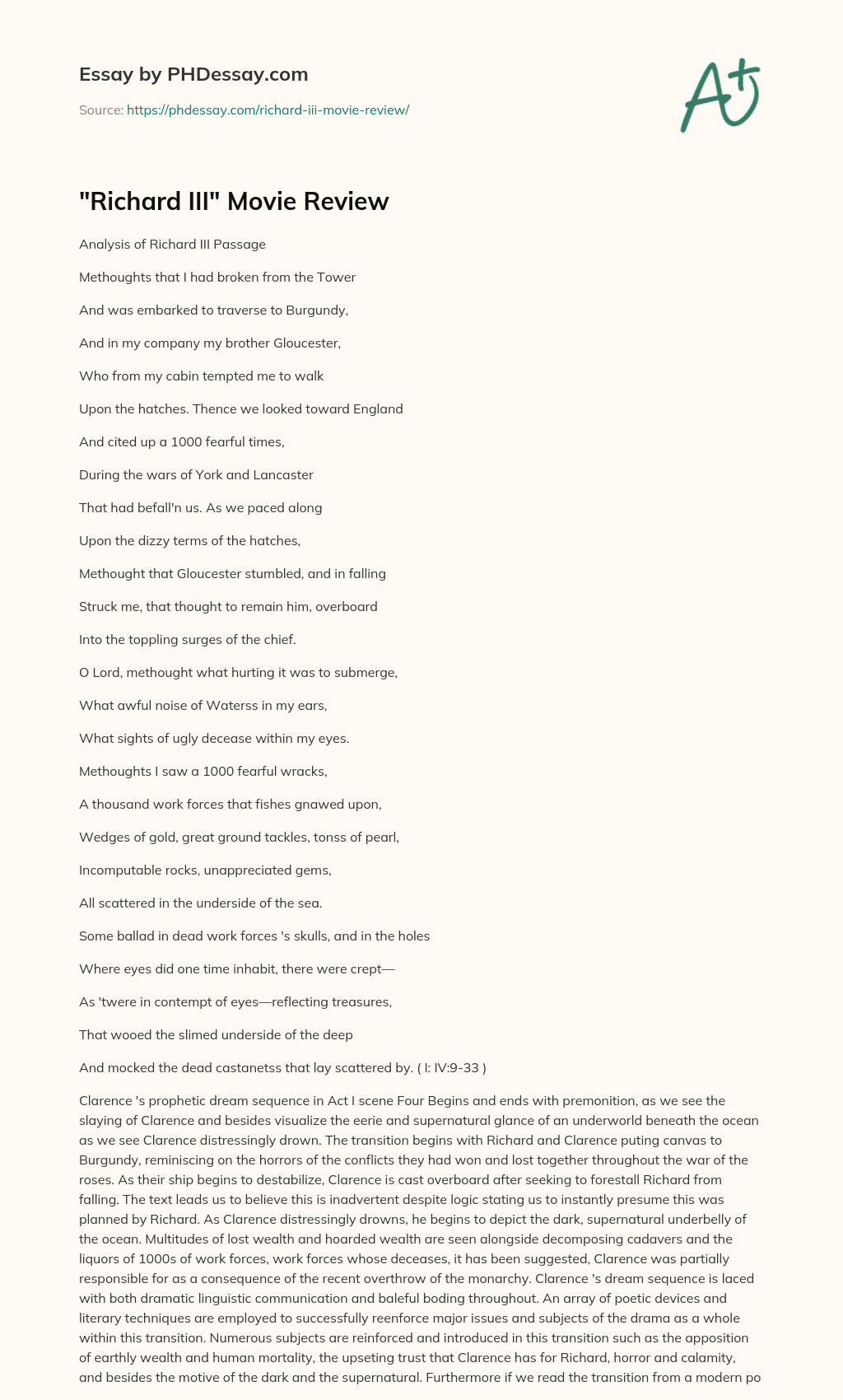 “Richard III” Movie Review essay