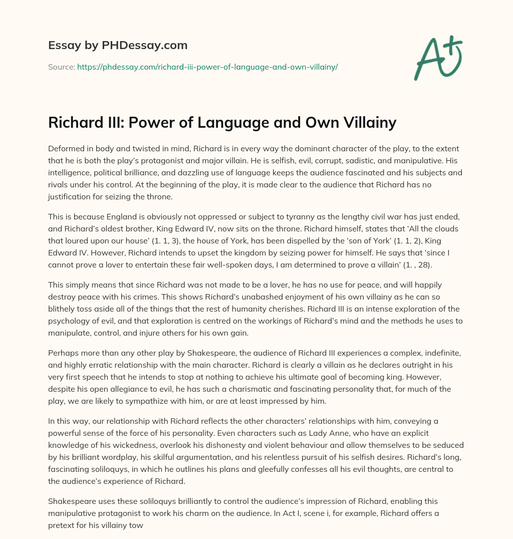 Richard III: Power of Language and Own Villainy essay