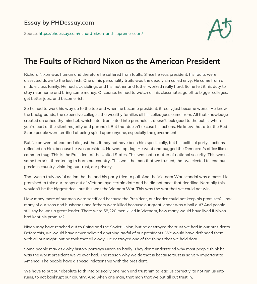 The Faults of Richard Nixon as the American President essay