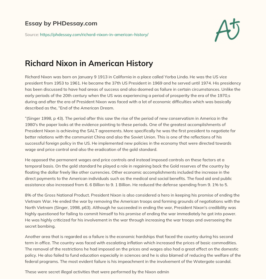 Richard Nixon in American History essay