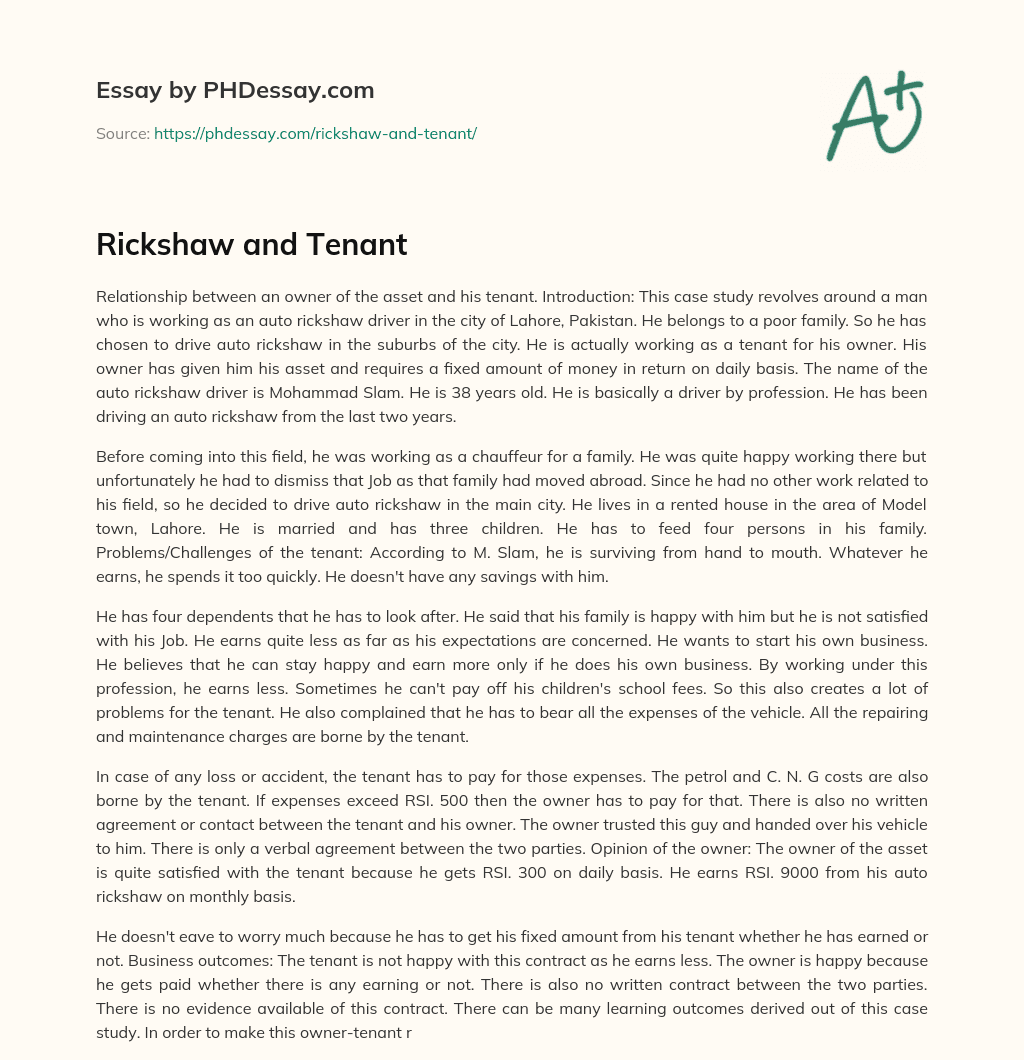 Rickshaw and Tenant essay