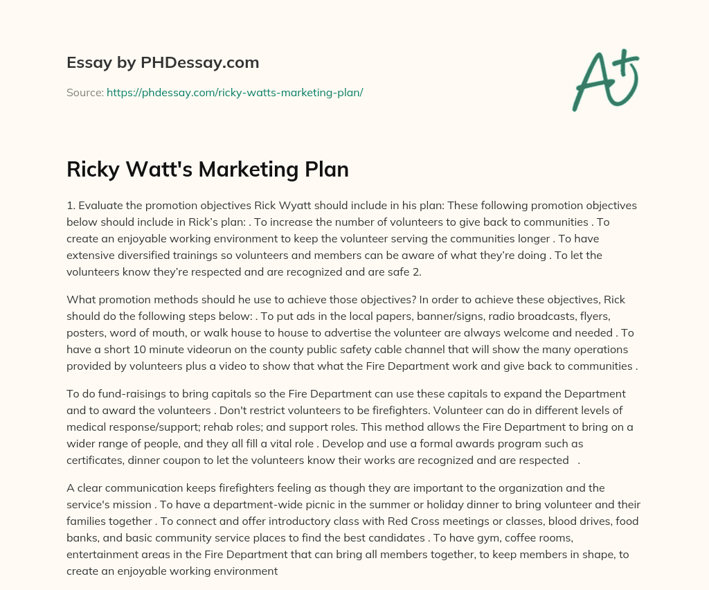 Ricky Watt’s Marketing Plan essay