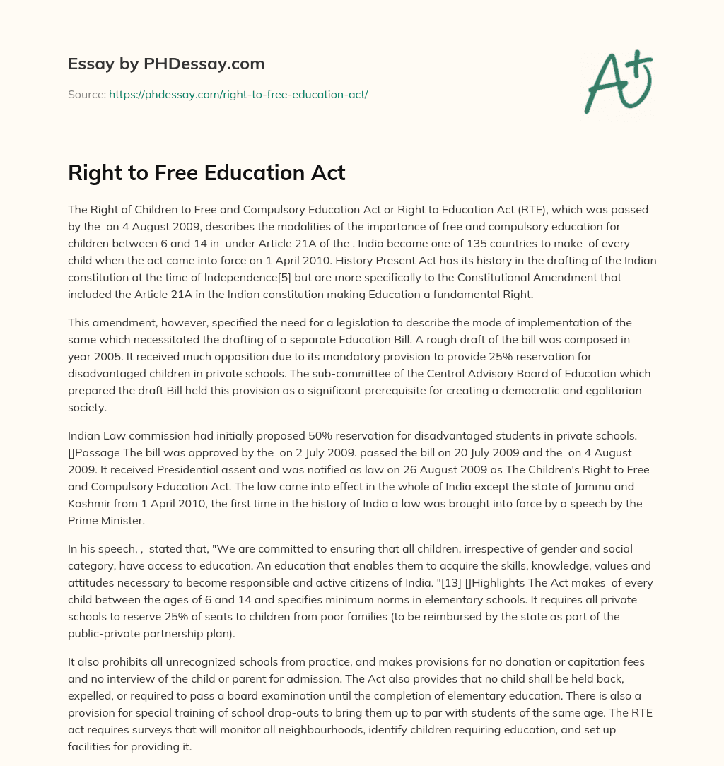 Right to Free Education Act essay