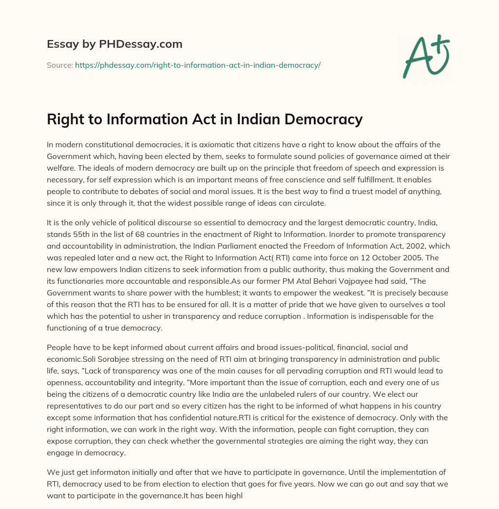 Right to Information Act in Indian Democracy essay