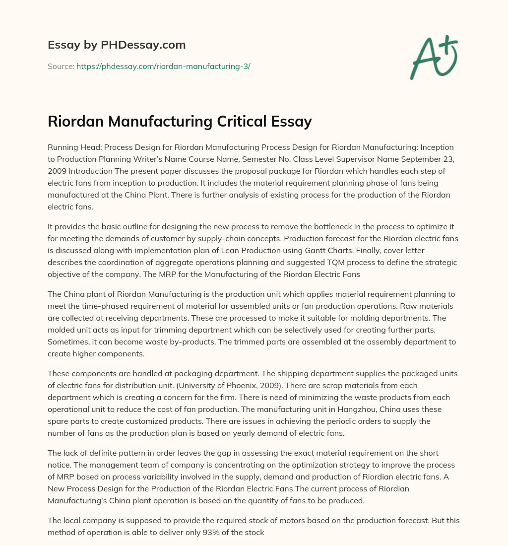 Riordan Manufacturing Critical Essay essay